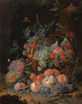 Grapes, cherries, plums, raspberries, tangerines, apples, oranges, peaches, pears, apricots and ears of corn in a basket, with a melon and other fruit, two birds in a nest, a snail, a fly, a toad, butterflies, a caterpillar and other insects in an alcove - Coenraet Conrad Roepel
