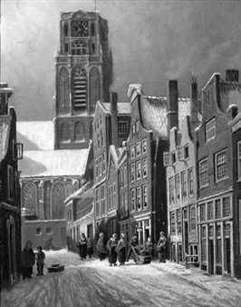 A view of a snow-covered street, Rotterdam, with the St. Laurenskerk in the distance - Franciscus Lodewijk van Gulik
