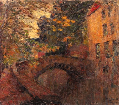Joseph Morris Raphael | A canal in Bruges in autumn (1932) | MutualArt