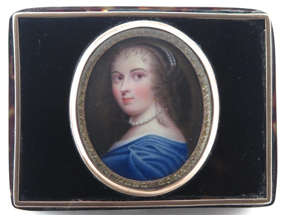 Portrait Miniature of Ninon de L'Enclos (1620-1705) Head and Shoulders in a Blue Dress by William Bate