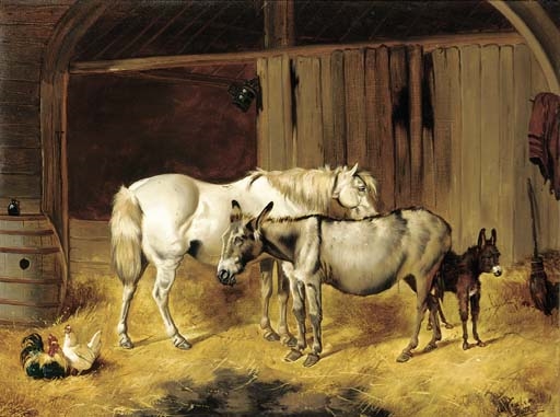 A grey with donkeys and chickens in a barn by Alfred Wheeler