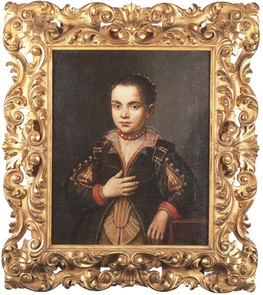 Portrait of a young girl, three-quarter-length, wearing a green coat and a beaded necklace by Giovanni Battista Moroni
