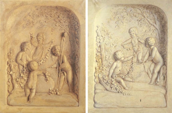 Putti disporting with vines, grapes and Bacchus, en brunaille; Putti disporting with vines and grapes, en brunaille; and Putti disporting by trees in a landscape, en grisaille by Jan van Dam