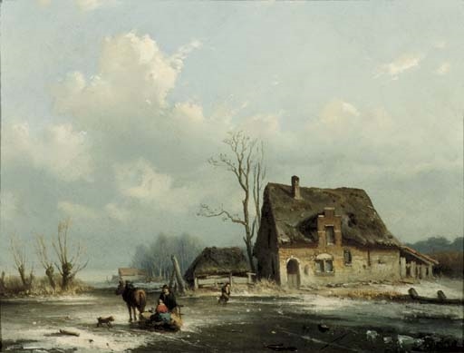 A horse-drawn-sledge on a frozen waterway by Louis Smets