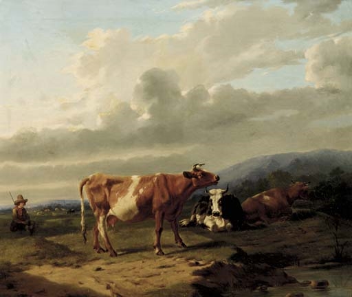 A cowherd and cattle in a summer landscape by Rosa Venneman, 1860
