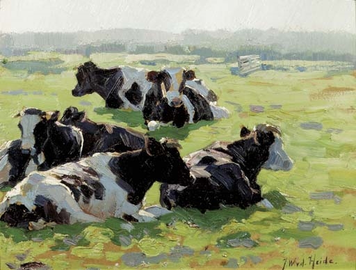 Cows in a sunlit meadow by Johannes Wilhelm van der Heide