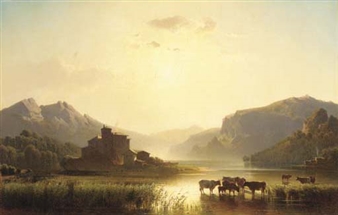 Cattle watering in a continental landscape - Alfred Nichol