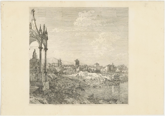 Veduta di città von la tomba del vescovo. From: Vedute Altre prese da i Luoghi altre ideate by Canaletto, 1742-1743