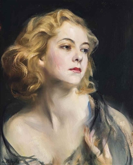 Portrait of Helen Beatrice Myfanwy Hughes, head and shoulders, three-quarter profile to the right, wearing a dark blue chiffon stole around her bare shoulders, her left hand raised - Philip Alexius de Laszlo