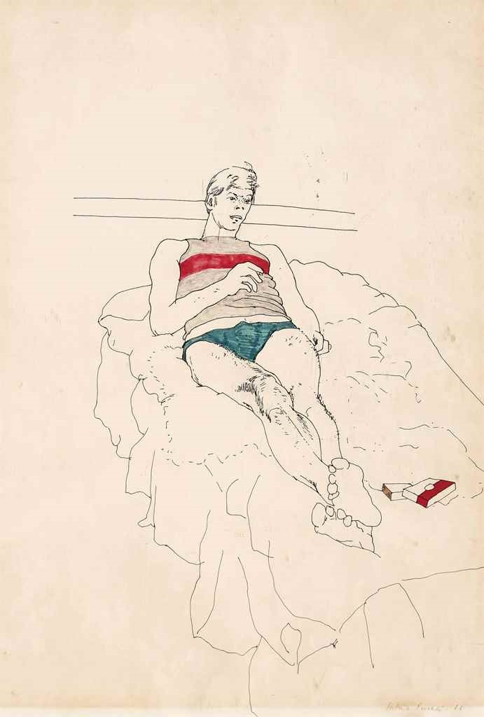 Artwork by Patrick Procktor, Young man smoking on a bed, Made of ink and felt-tipped pen