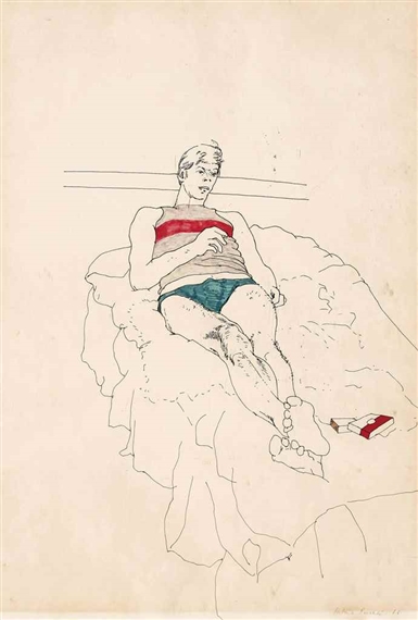 Young man smoking on a bed by Patrick Procktor, 1966