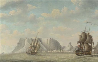 A squadron of Dutch ships, a capriccio view of the Tafelberg, Cape Town, beyond - Engel Hoogerheyden