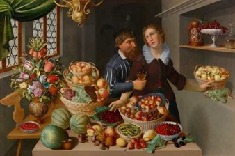 Grosses Stillleben mit Früchten, Gemüse und Blumen sowie einem Paar in einem Interieur - Marten van Valckenborch