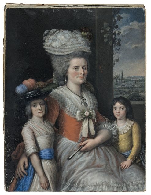 Artwork by German School, 18th Century, Portrait d'une femme et de ses deux enfants, Made of Gouache on vellum
