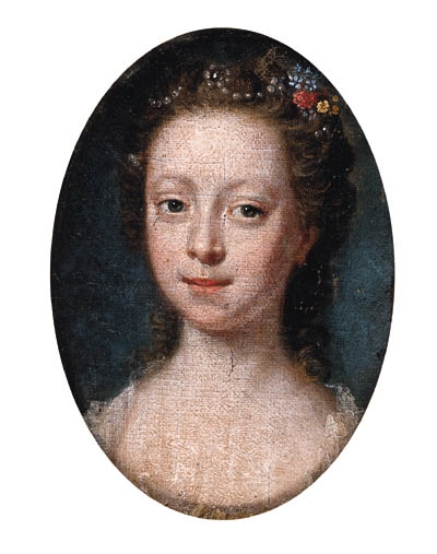 PORTRAIT OF A LADY, BUST-LENGTH, IN A DéCOLLéTé DRESS, WITH FLOWERS IN HER HAIR by Thomas Gainsborough