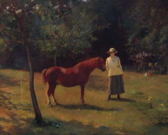 PORTRAIT OF A LADY, STANDING IN AN ORCHARD WITH A PONY - Henry T. Jarman