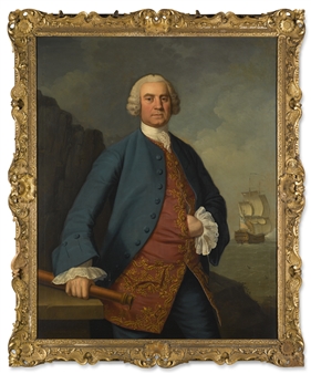 PORTRAIT OF A NAVAL CAPTAIN, TRADITIONALLY IDENTIFIED AS GEORGE BELSCHES, THREE-QUARTER-LENGTH, STANDING, WEARING A BLUE COAT OVER AN EMBROIDERED RED WAISTCOAT, HIS TELESCOPE IN HIS RIGHT HAND, A MAN AT WAR AT SEA BEYOND - Charles Stoppelaer