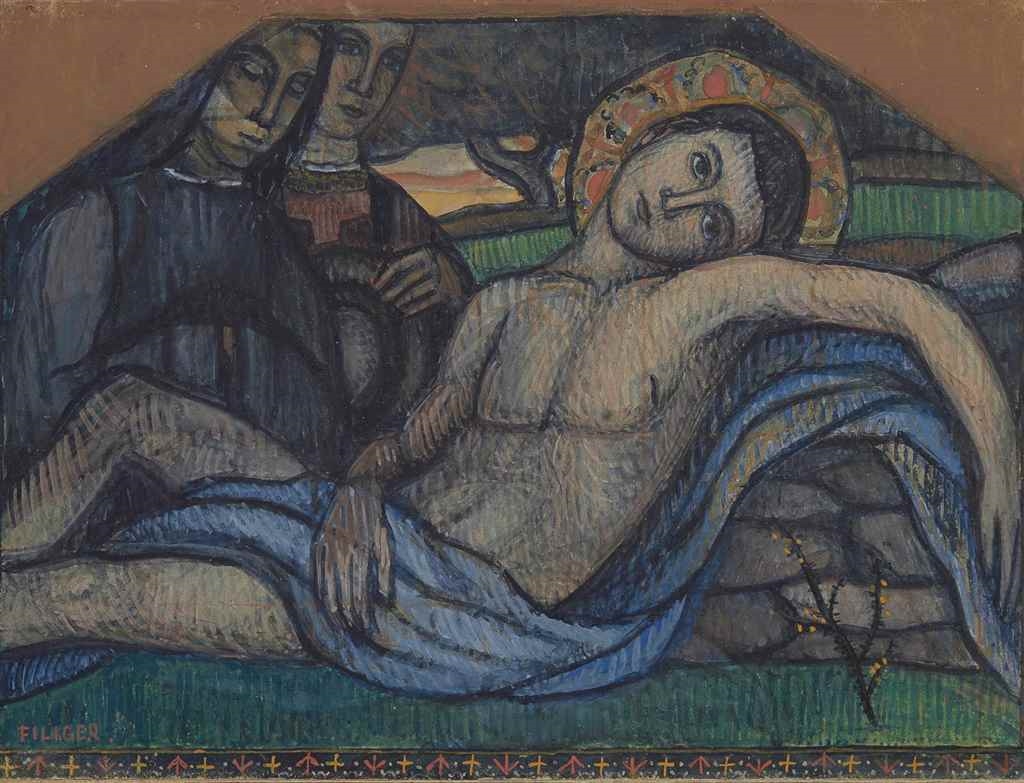 Artwork by Charles Filiger, Déploration sur le corps du Christ, Made of gouache and gold paint on paper laid down on board
