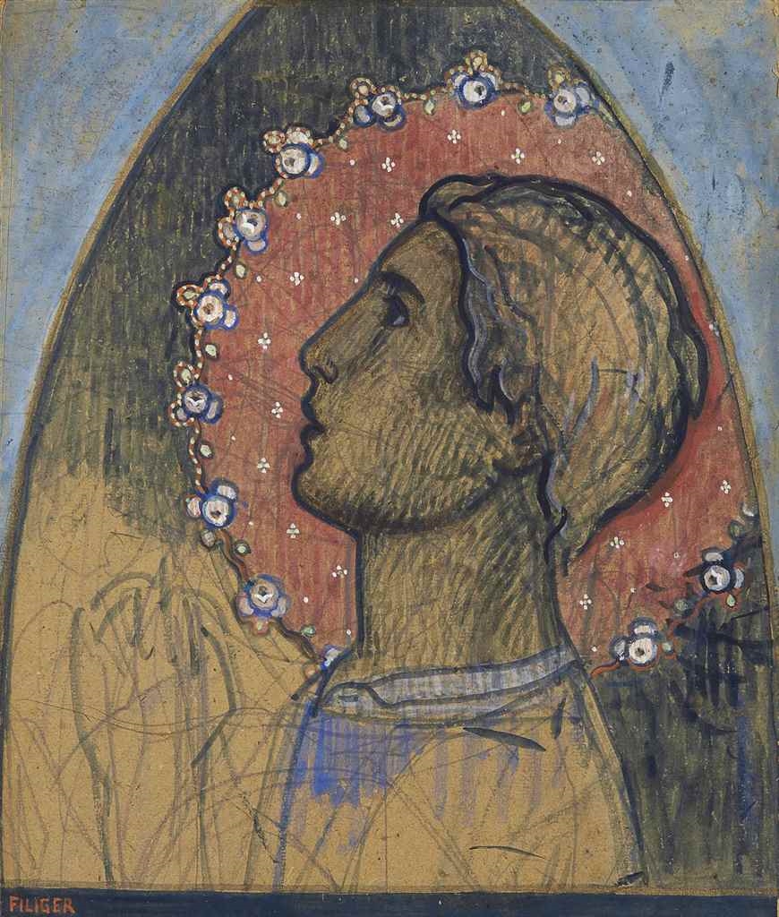 Artwork by Charles Filiger, Tête de saint ou Saint sous une ogive, Made of gouache, pencil, watercolour and gold paint on paper laid down on board