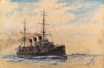 The Cruiser of First Rank 'Oleg' at speed - S. Vsevolozhskii