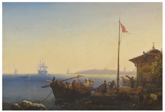 Vue du Bosphore avec turcs en barque, voiliers et la grande mosquée d'Istanbul by Louis Lottier, 1857