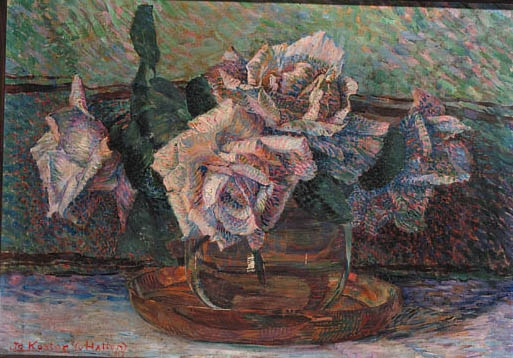 A still life of wilting roses in a glass vase on a wooden tray, rendered in an Impressionist style.