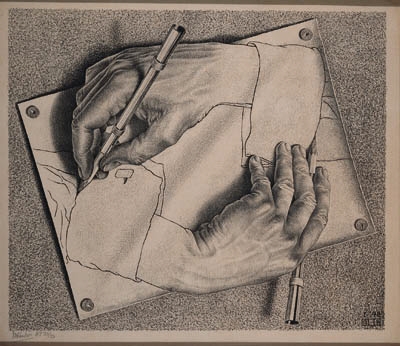 Artwork by Maurits Cornelis Escher, Tekenen (Drawing Hands) (B. 355), Made of lithograph, on heavy wove paper