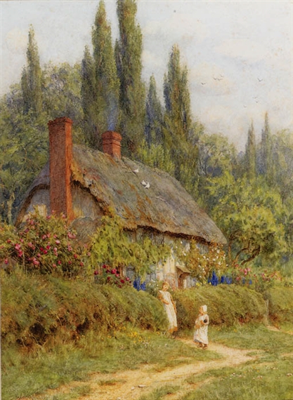 Children on a path outside a thatched cottage, West Horsley, Surrey by Helen Allingham