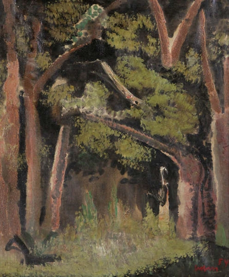 Figure standing in a Congolese forest by Floris Jespers, 1954