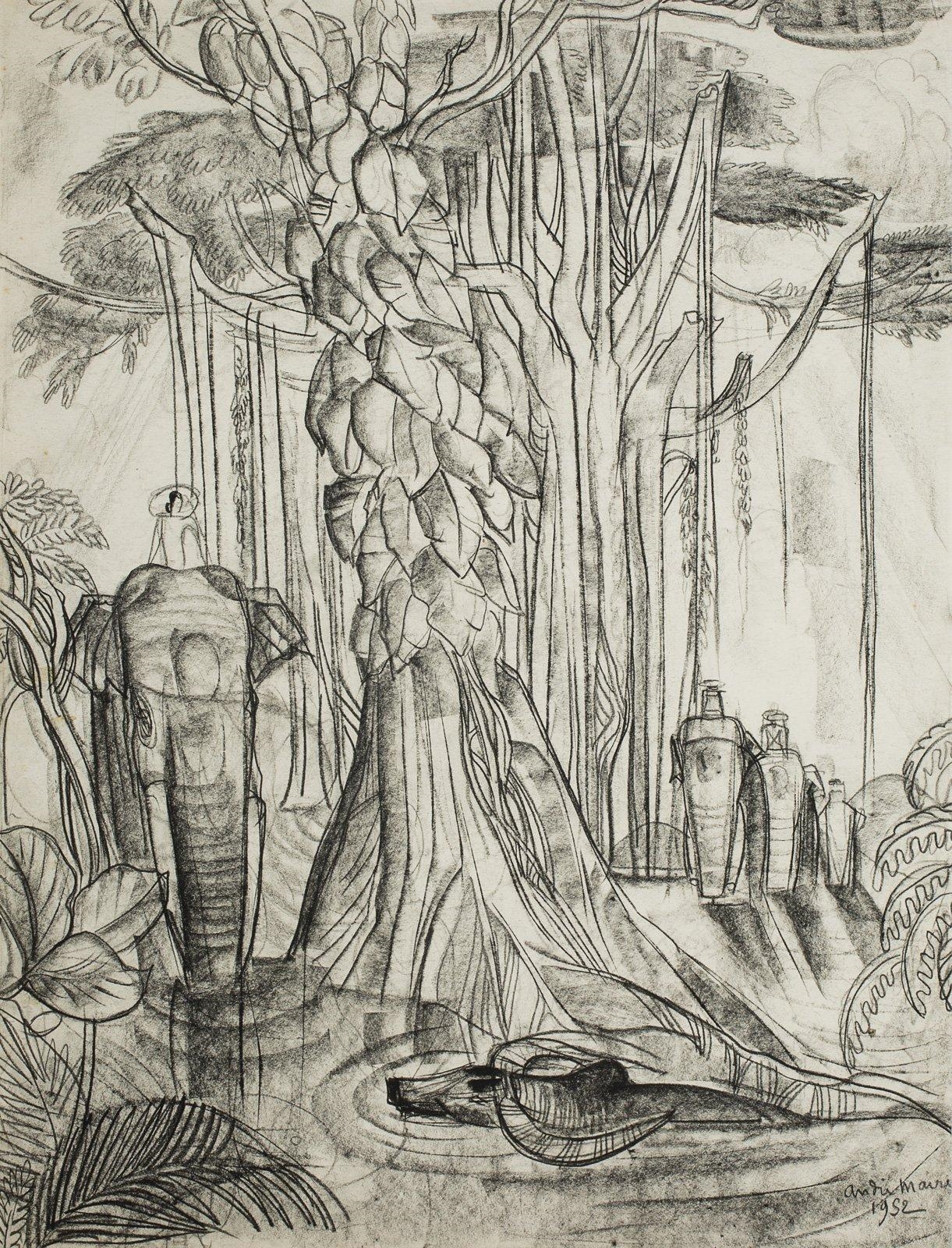 Artwork by André Maire, Le retour des éléphants, Made of Charcoal on paper