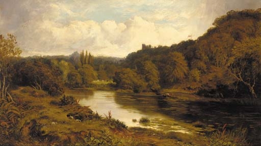 A figure in a rowing boat in a tranquil river landscape, a castle beyond by James Scott Kinnear, 1877