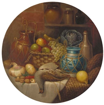 A basket of fruit with onions, walnuts, a cabbage, game, and two jars on a table - G. Hedley