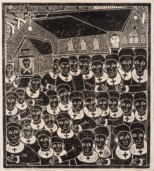 EVANGELICAL LUTHERAN CHURCH WOMENS MEETING by John Ndevasia Muafangejo, 1974