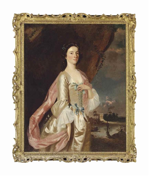Portrait of Mrs Connock (d.1804), three-quarter-length, in a white satin dress with blue ribbons, in a landscape by Sir Joshua Reynolds