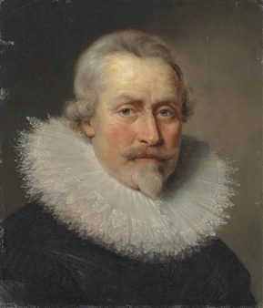 Portrait of a gentleman, bust-length, in a black brocade doublet and a lace-trimmed ruff - Peter Paul Rubens