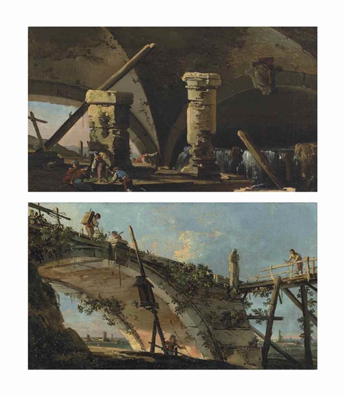 A capriccio with figures seated beneath a bridge, mountains beyond; and A capriccio with travellers crossing an old bridge, an extensive landscape beyond by Canaletto