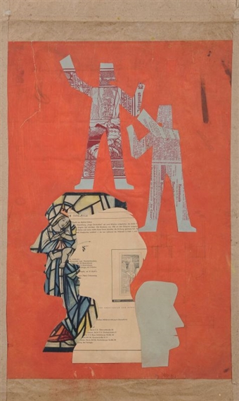 Zwei Gestalten und drei Köpfe auf rotem Grund by Hermann Glöckner, 1956