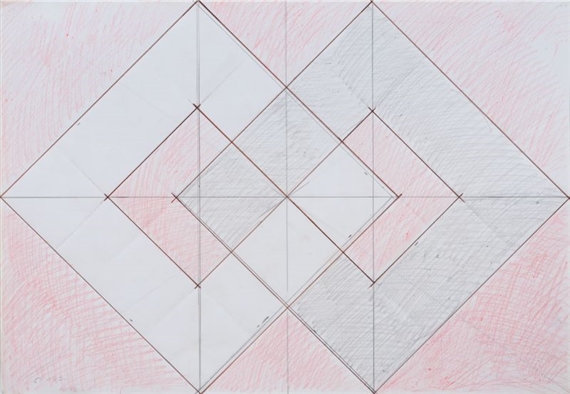 Konstruktionszeichnung zu Faltung in Rot-Schwarz-Weiß, zwei verklammerte Quadrate by Hermann Glöckner, 1970