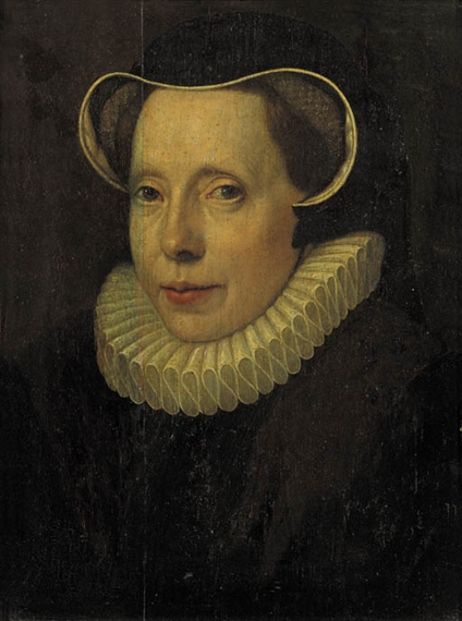 Portrait of a lady, bust length, wearing a black dress with lace collar and headdress by Willem Key