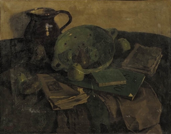 A still life with a jar, fruit and books - Lucas Verkoren