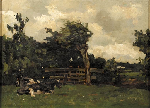 Cows in a meadow in a wooded landscape by Wilhelmus Hendrikus Petrus Johannes de Zwart