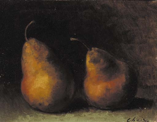 Pears on a table; and Oranges on a table, one half-peeled by Auguste Chaix