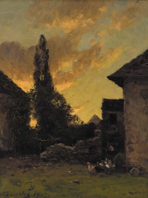 Artwork by Louis Alexandre Bouché, Poultry in a farmyard at sunset, Made of oil on canvas