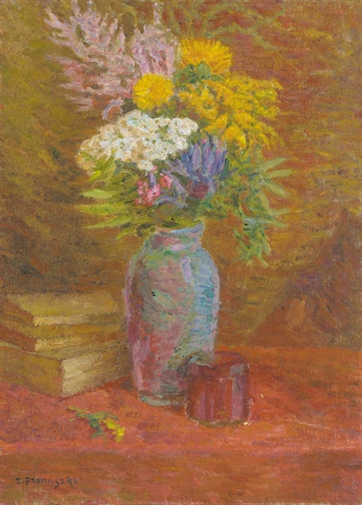 Summer flowers in a coloured glass vase by Zbigniew Pronaszko