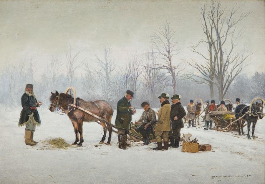 Artwork by Stanisław Masłowski, Hunting, Made of oil on plywood