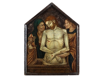 THE LAMENTATION OF CHRIST WITH MARY, SAINT JOHN THE EVANGELIST AND SAINT PETRONIUS - Bolognese School, 14th Century