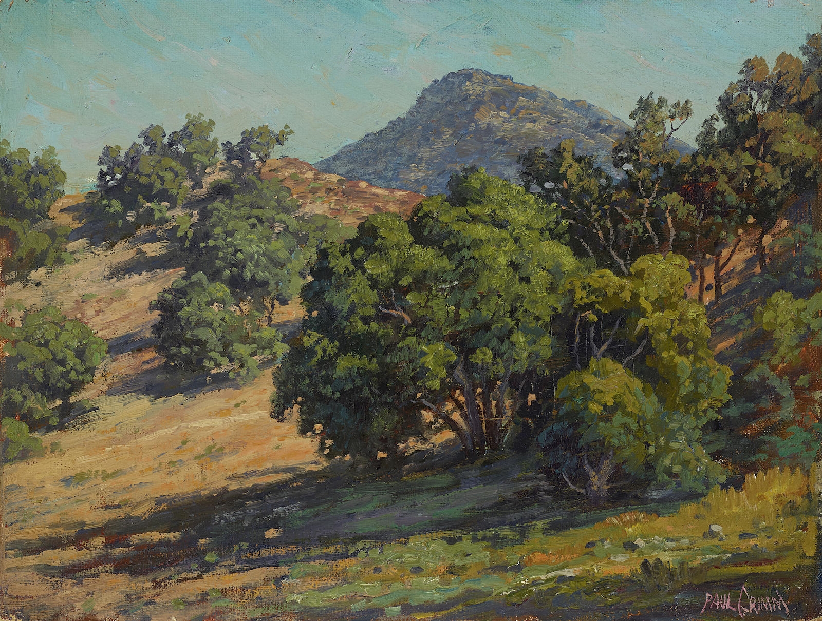 Artwork by Paul Grimm, 3 Works: Babbling Brook (Mill Creek), Oaks on a Hillside, Trees and Green Grass, Made of Oil on artist board