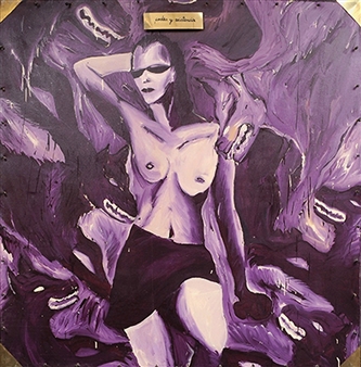 A surreal painting of a nude figure in a dark skirt, surrounded by purple abstract forms and sharp teeth.