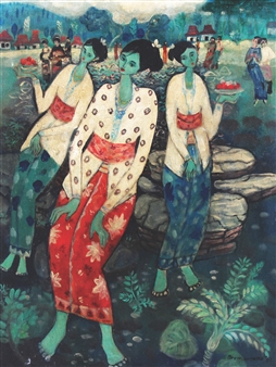 バリ絵画:tiga gadis(少女3人) バリ絵画:tiga gadis(少女3人) 絵画