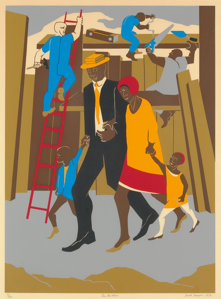 Artwork by Jacob Lawrence, The Builders (The Family), Made of Color screenprint